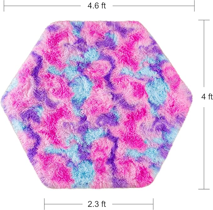 junovo Ultra Soft Hexagon Rug Fluffy Rainbow Nursery Rug for Princess Tent Kids Play Castle, Furry Hexagonal Carpet for Kids Girls Room Playhouse Classroom Dorm Home Decor, 4.6ft Tie-Dye Hot-Pink