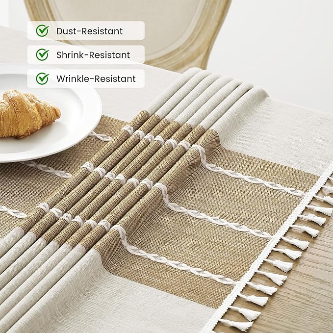 puredown® Rustic Rectangle Tablecloth, Waterproof Cotton Linen Tablecloth with Tassel, Wrinkle Free Farmhouse Table Cloths for Kitchen Dining Outdoor, 55"x102",8-10 Seats, Coffee
