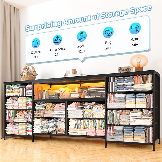 Fits 65,70 inch TV Stand Dresser 63" W TV Console for Bedroom with LED Lights & Power Outlets Black Chest of Drawers with 12 Long Fabric Dressers for Bedroom, Hallway or Closets Entertainment Center