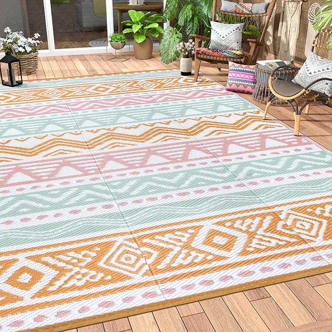 Lahome Waterproof Outdoor Rug 6x9, Reversible Outdoor Plastic Straw Rug for Camping, Large RV Outdoor Patio Rug, Outdoor Rugs Carpet for Porch Deck Backyard Balcony Picnic(Pink/Orange,6'x 9')