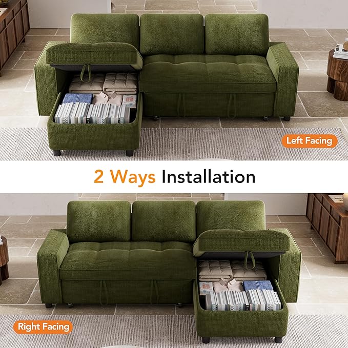 Vipbear Sleeper Sectional Sofa, 81" L Shaped Couch with Pull Out Bed, Convertible Chenille Cloud Sofa with Reclining Backrest | Reversible Storage Chaise | USB Ports | Tool-Free Assembly | Green