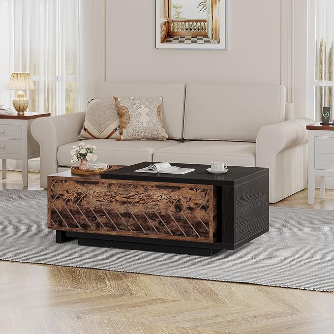Tribesigns Extendable Coffee Table with 2 Storage Drawers, Dual-Tone Center Table with Sliding Tabletop, Multi-Functional Wooden Rectangle Cocktail Table for Living Room (Black & Rustic Brown)