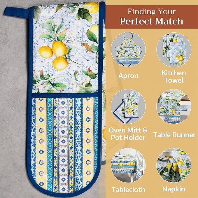 Maison d' Hermine Double Oven Mitts 100% Cotton 7"x35" Double Oven Mitt Heat Resistant BBQ Cooking Gloves with Loop, Baking, Grilling, Home, Kitchen, Handling Hot Pans Spring Summer (Citrus)