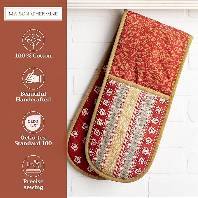 Maison d' Hermine Double Oven Mitt (7" x 35") 100% Cotton Heat Resistant BBQ Cooking Gloves with Loop for Thanksgiving Christmas Decorations Baking Cooking Barbeque Handling Hot Pan (Sofia)