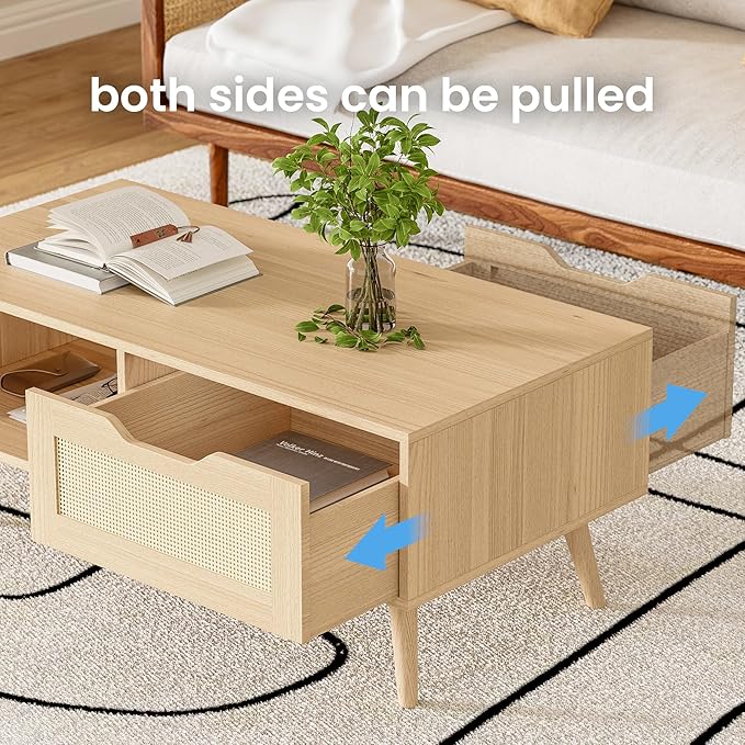 Oak Rattan Coffee Table, Mid Century Modern with Drawer & Shelf, 39'' Wooden Boho Coffee Table for Living Room