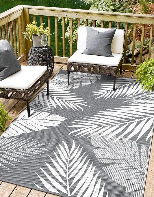 Outdoor Rug 9’x12’ Waterproof for Patio Clearance, Reversible Indoor Outdoor Plastic Straw Camping Rug Carpet, RV Mat, Large Area Rug for Deck, Backyard, Balcony, Porch, Beach, Grey & White