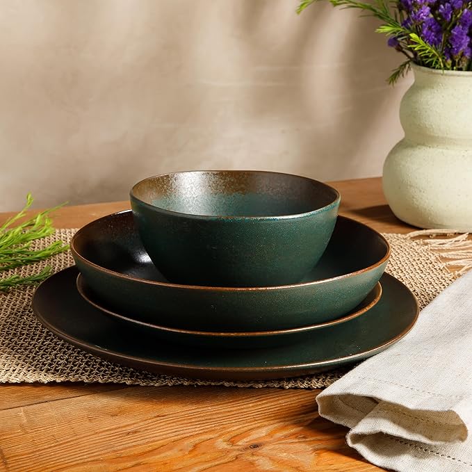 Bloomhouse - Oprah's Favorite Things - Palermo Sun Double Bowl Stoneware Reactive Glaze Plates and Bowls Dinnerware Set - Agave Blue, Service for Four (16pcs)