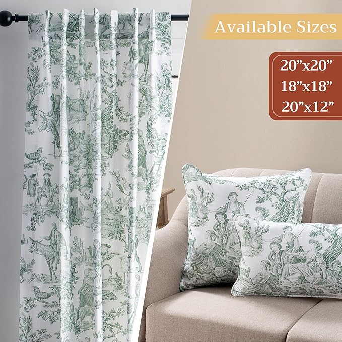 Maison d' Hermine Decorative Pillow Covers 20x20 Inch Square 100% Cotton Throw Pillow Covers with Invisible Zipper for Couch, Chair, Sofas, Bedroom, Home (The Miller - Antique Green (White))