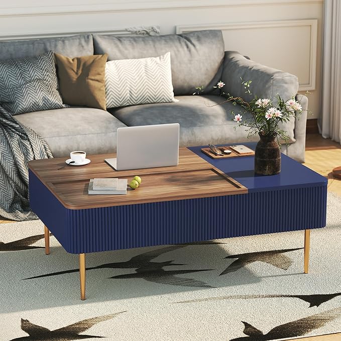 HLR 47" Dual Lift Top Coffee Table with Storage, Modern Wood Fluted Coffee Table with Hidden Compartment for Living Room, Office, Blue
