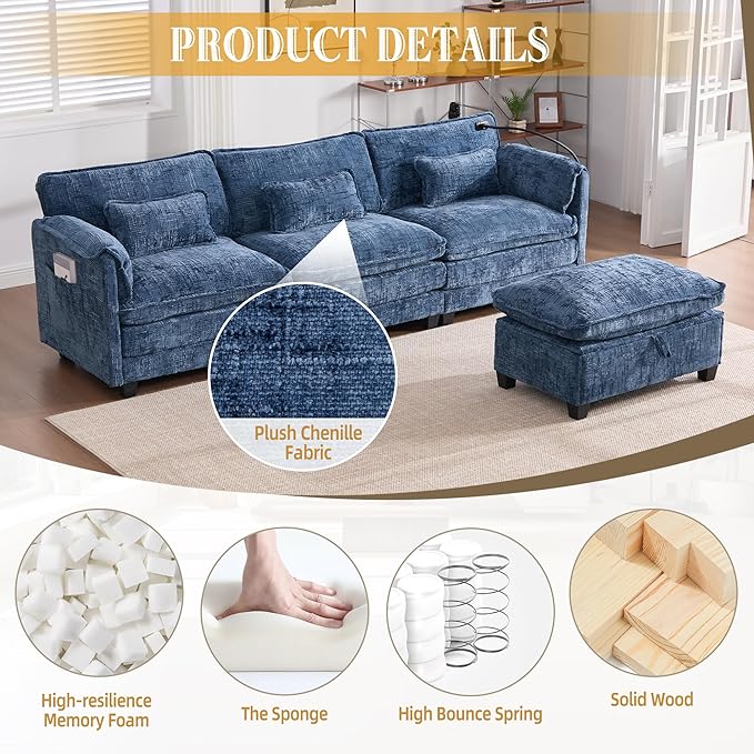 KEIKI 110" L-Shaped Boucle Modular Sectional Chenille Sofa with 1 Ottoman & Memory Foam Cushion & Phone Holder & USB, Upholstered Modern Oversized 4-Seater Couch, Easy Assembly, for Living Room, Navy