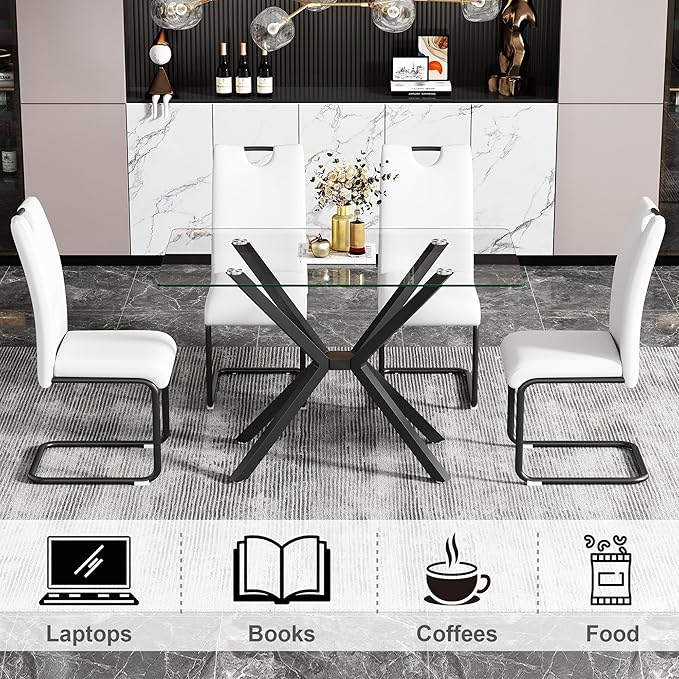 47.24" Rectangular Glass Dining Table Modern Kitchen Glass Top Table for 4 with Black Metal Legs, Clear Dining Table Kitchen Table for Home Office Dining Room