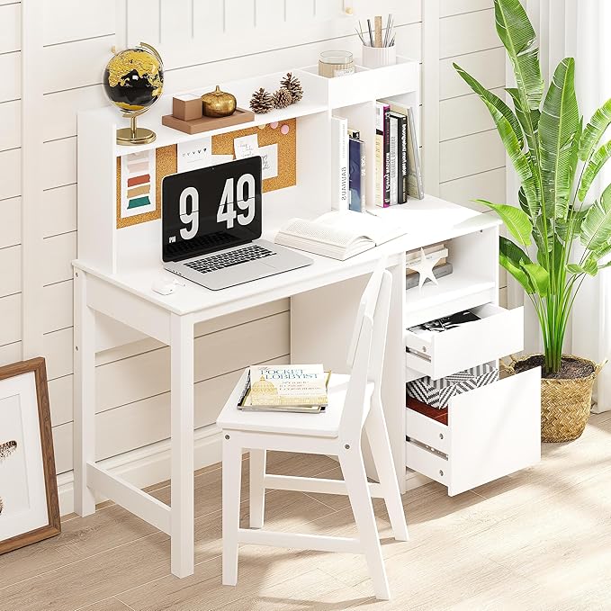 Spirich Kids Desk and Chair Sets, Kids Study Desk Set with Hutch and Storage, Children Wooden Study Table for 5-12 Years Old, Student Writing Table Computer Workstation