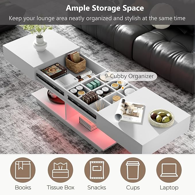 Modern High Gloss LED Coffee Table Center Table with Hidden Storage Space, Extending Top & LED Light for Living Room, White