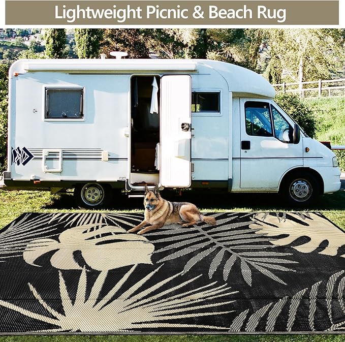 Waterproof Outdoor Rug 9x12 ft, Reversible Plastic Straw Mat with Leaf Pattern, Large Floor Mat for Patio, Camping, Picnic, Backyard RV, Deck, Black