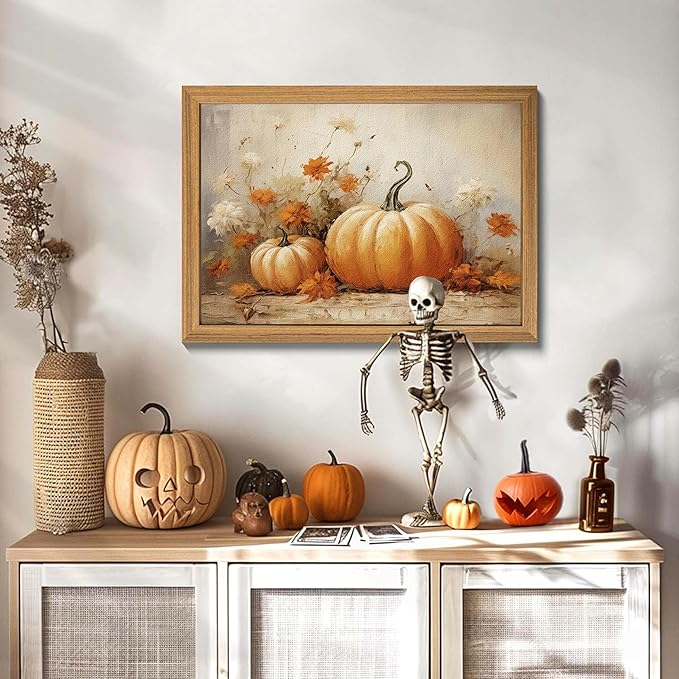 Framed Vintage Halloween Pumpkin Wall Art – 3D Texture Harvest Pumpkins Pictures Fall Wall Decor for Living Room, Rustic Autumn Pumpkin Art Prints for Kitchen, Bedroom, Home or Party – 16x24in