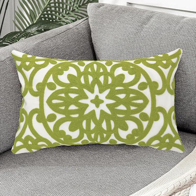 Alysheer Embroidered Lumbar Decorative Throw Pillow Cover 12 x 20 inches, Classic Mandala Chic Pattern Avocado Green Farmhouse Cushion Case for Sofa Couch Bed Living Room(Chartreuse Green)