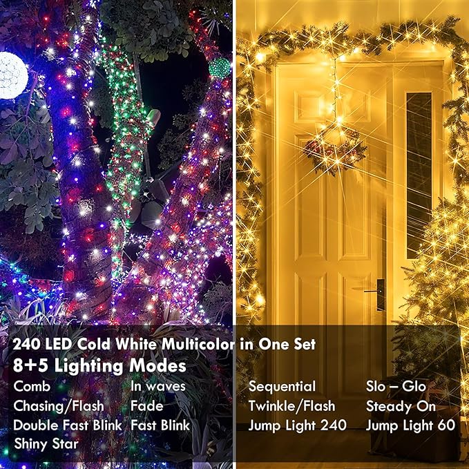 88FT 240LED Connectable String Lights Indoor Outdoor Clear Wire, Warm White⇋Multicolor Christmas String Lights, Plug in Twinkle Fairy Light With Timer For Wedding Patio Tree Yard Christmas Decorations