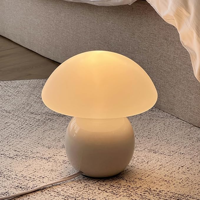 Mushroom Lamp Ceramic Base,White Cute 70s Mid Century Modern Decor Lamp for Bedroom,Small Abstract Table Bedside Glass Mood Coze Fun Warm Light