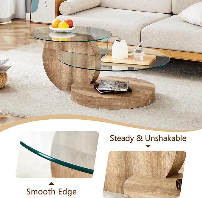 Glass Coffee Table, Modern Round Glass Coffee Table with Wooden Base, 3 Tier Round Coffee Table, Clear Cocktail Table with Storage for Living Room, Office, Balcony, Light Wood