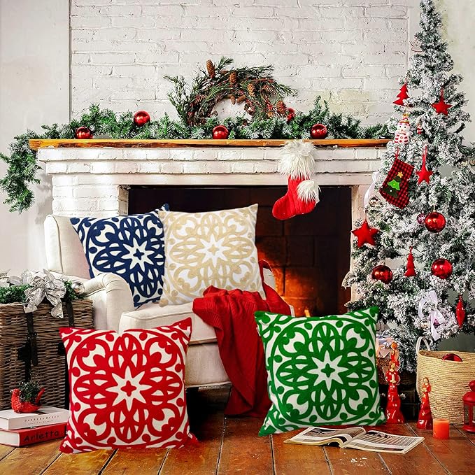 Alysheer Embroidered Decorative Throw Pillow Cover 18x18 inch, Cozy Warm Boho Mandala Chic Knit Pattern Durable 100% Cotton Canvas Cushion Case for Sofa Couch Living Room Bedroom Gifts (Navy Blue)