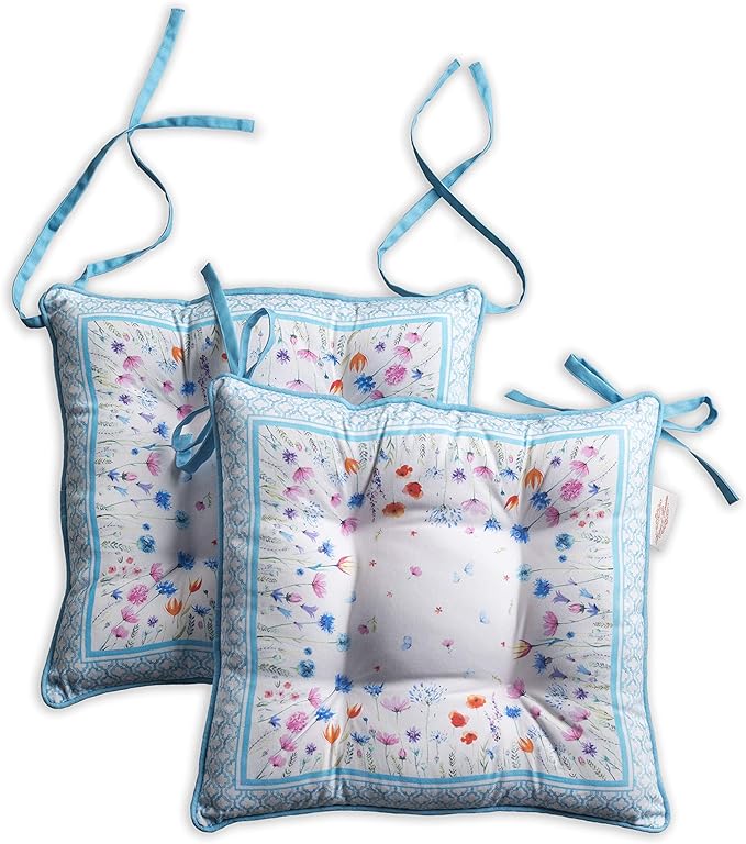 Maison d' Hermine Chair Pads for Dining Chairs Cotton Outer Fabric and Poly Filling 16"x16" Patio Seat Cushions for Furniture with Ties Home Chair Party Hall Farmhouse (Flower In The Field, Pack of 2)