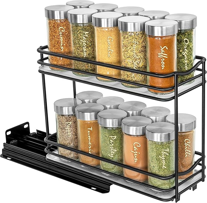 LYNK PROFESSIONAL® Pull Out Spice Rack Organizer for Inside Kitchen Cabinets - 4-1/4 inch Wide - Slide Out Drawer – Black Sliding Spice Cabinet Organization Shelf Racks - 2 Tier