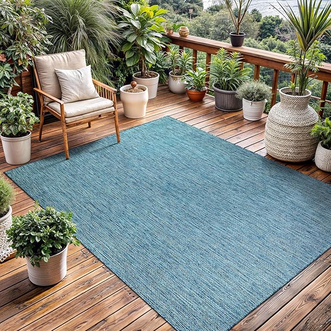 Washable Indoor Outdoor Rug Weather Resistant Carpet Modern Solid for Porch Deck Balcony Backyard Patio Rug 10x14 Aqua Blue