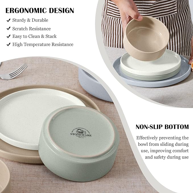 E-far Stoneware Dinnerware Sets, 12-Piece Plates and Bowls Dish Set for 4, Kitchen Modern Dinning Ware, Chip and Scratch Resistant, Microwave & Dishwasher Safe, Speckled Multicolor