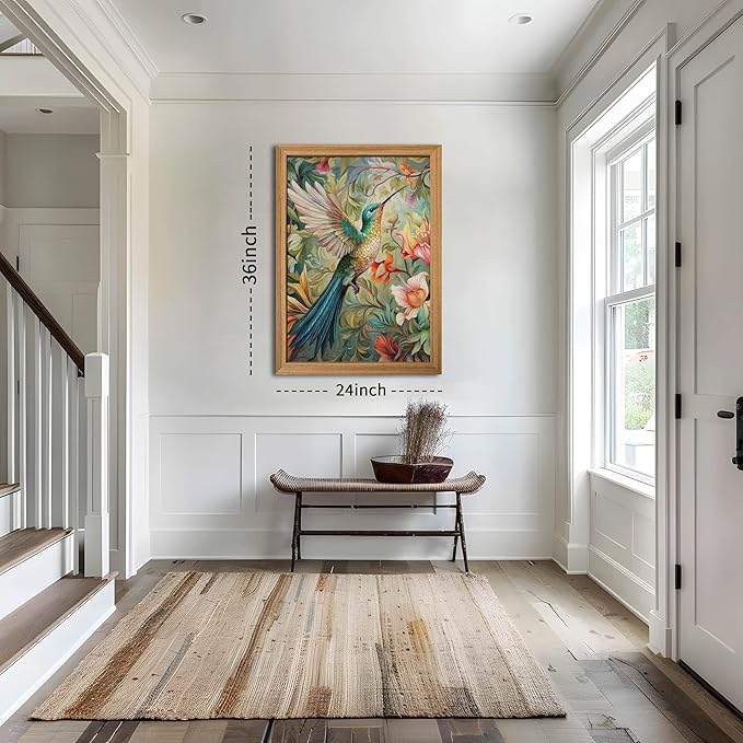 Framed Vintage 3D Textured Wall Art - Colorful Hummingbird Floral Wall Decor - Hand Painted Sandstone Nature Botanical Picture for Living Room Bedroom Home Decor 24x36 inch