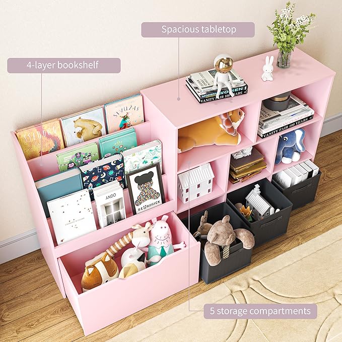 Kids Bookshelf and Toy Storage, Toy Storage Organizers with Movable Drawers & 3 Storage Bins, Kids Reading Nook Toy Organizers Shelf with 5 Cubbies, Pink