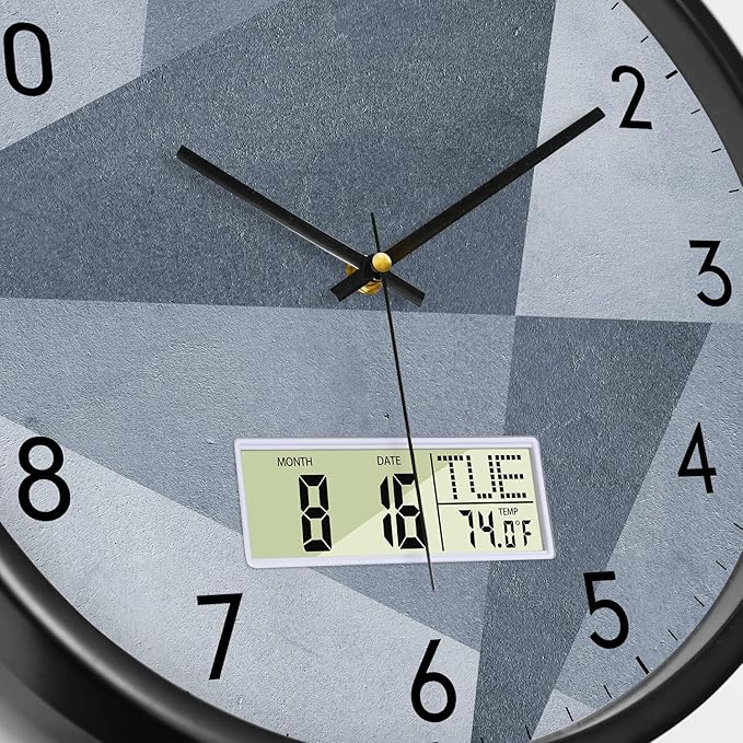 SCAOGE Industrial Wall Clock with Day Week Temperature Grayish Blue Non-Ticking Digital Clocks Large Display Battery Operated Wall Mount Analog Clock with Date for Living Room Bedroom Decor 14 Inch