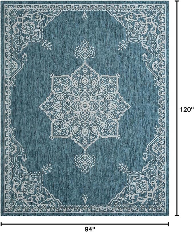Unique Loom Outdoor Traditional Collection Area Rug - Antique (7' 10" x 10' Rectangle Teal/Ivory)