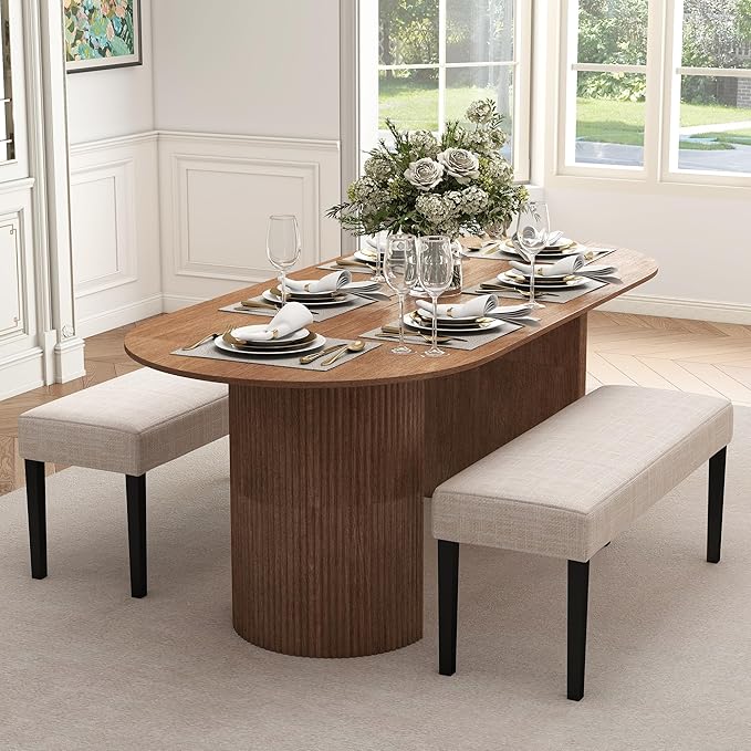 Farmhouse Upholstered Dining Bench Seat Set of 2, 45" Linen Fabric Entryway Bench with Black Wood Legs, Mid Century Modern End of Bed Bench for Kitchen Bedroom Living Room Hallway, Beige