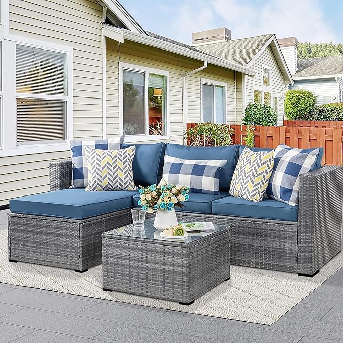 Shintenchi Patio Furniture Sets 3 Pieces Outdoor Sectional Sofa Silver All-Weather Rattan Wicker Sofa Small Patio Conversation Couch with Washable Cushion and Glass Table(Aegean Blue)