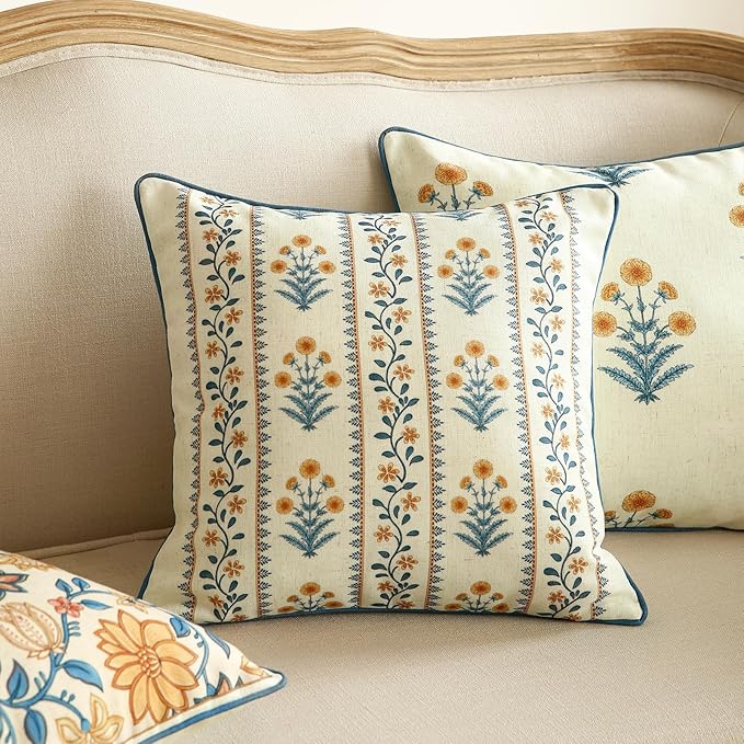 Design Square Simple Elegant Linen Throw Pillow Covers 18"x18" Pack of 2, Blue Yellow Floral Pattern Cushion Covers Decor Pillowcases for Bed,Living Room,Outdoor,Car