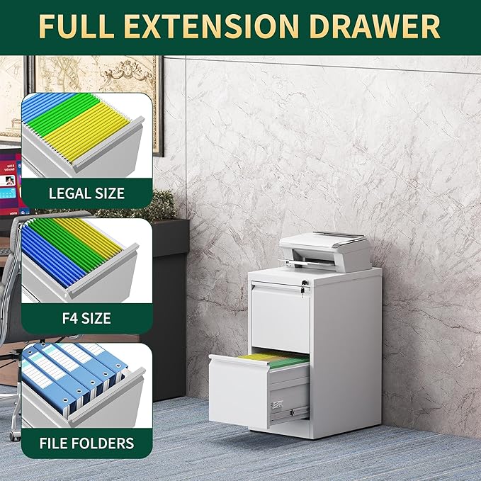 2 Drawer File Cabinet with Lock, Steel Vertical Filing Storage Cabinet for Home Office, Heavy-Duty File Cabinets for Letters/Legal/A4 (Require Assembly, White)