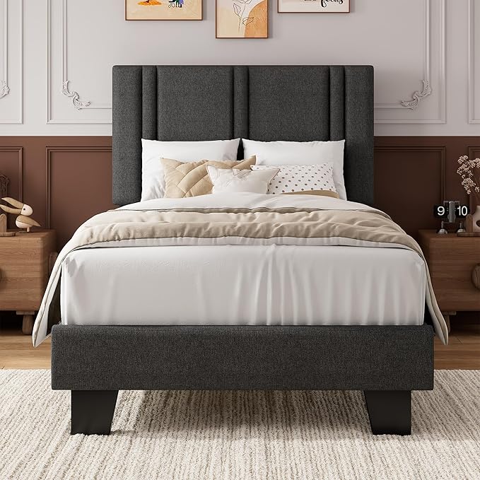 iPormis Twin Platform Bed Frame with Fabric Upholstered Headboard & Thickened Legs, Mattress Foundation with Solid Wooden Slats Support, No Box Spring Needed, Noise Free, Dark Grey