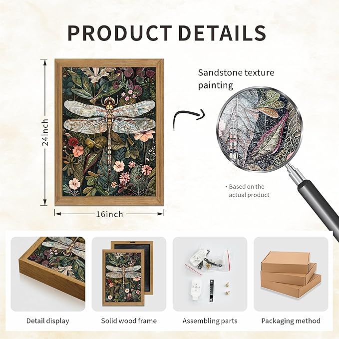 Framed Vintage 3D Textured Wall Art - Dark Green Dragonfly Flowers Wall Decor - Hand Drawn Sandstone Nature Botanical Pictures for Living Room Bedroom Home Decor 16x24in