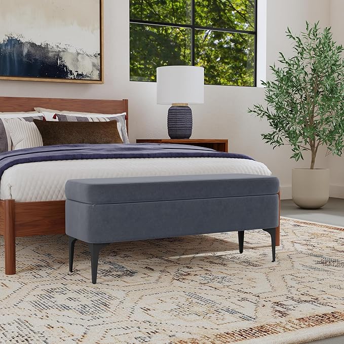 HomePop Upholstered Storage Bench with Metal Leg Home Décor|Bench with Storage for Living Room & Entryway - Blue Velvet