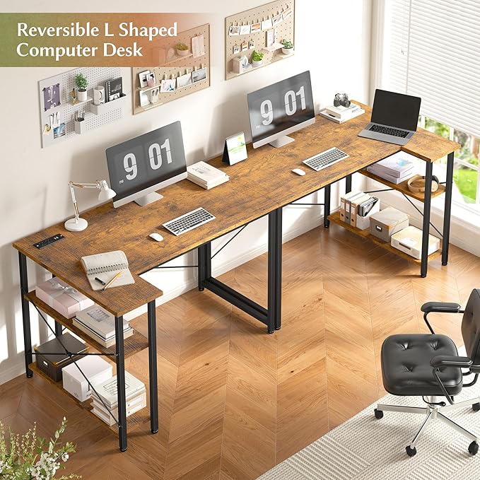 EnHomee Small Computer Desk with Storage Shelves & Side Bag, 40 Inch L Shaped Gaming Desk with Power Outlets, Corner Desk Study Writing Table for Home Office Bedroom Living Room, Brown