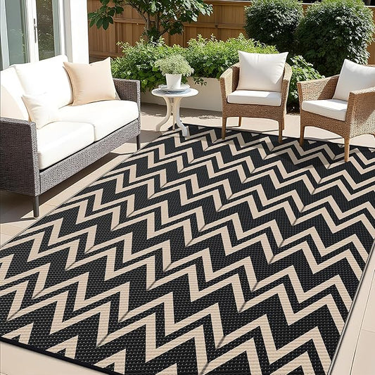 OLANLY Waterproof Outdoor Rug 9x12 ft Clearance, Reversible Outdoor Plastic Straw Rug, RV Mat, Indoor Outdoor Carpet for Patio, Camping, Balcony, Deck, Backyard, Black & Beige