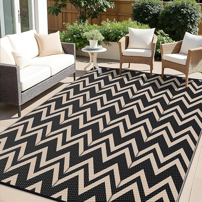 OLANLY Waterproof Outdoor Rug 8x10 ft Clearance, Reversible Outdoor Plastic Straw Rug, RV Mat, Indoor Outdoor Carpet for Patio, Camping, Balcony, Deck, Backyard, Black & Beige