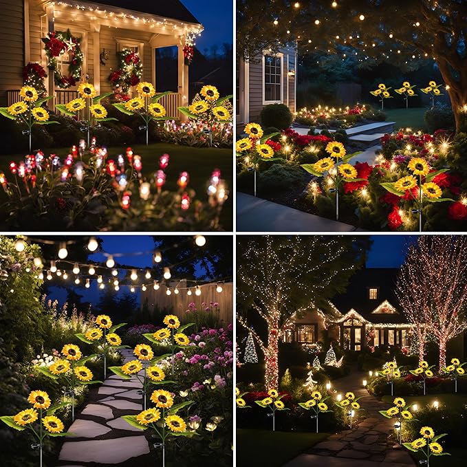 4-Pack Solar Powered Sunflower Garden Lights, LED Outdoor Decor Solar Light Flowers for Yard Patio Ground Lawn Landscape, Decorative Artificial Flower Bright Night Outside