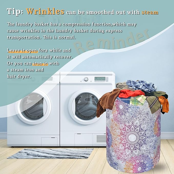Colorful Mandala Flowers Laundry Basket Foldable With Handles Tote Bag Oxford Cloth Gradiently Laundry Hamper 18.9" x 16.5 "Clothe Storage Bucket Toy Organizer For Bathroom/Laundry/Bedroom