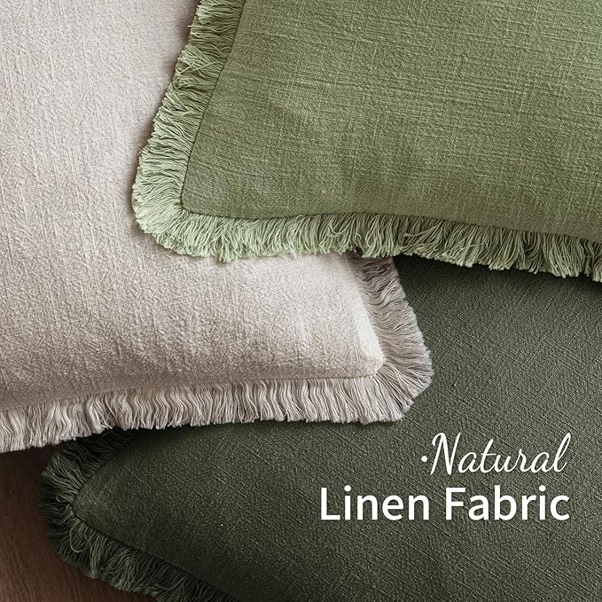 MIULEE Decorative Throw Pillow Covers Neutral Fringe Throw Pillows Set of 2 Rifle Green Boho Farmhouse Cushion Covers with Tassels for Couch Sofa Bed Living Room Spring Home Decor 20x20 Inch