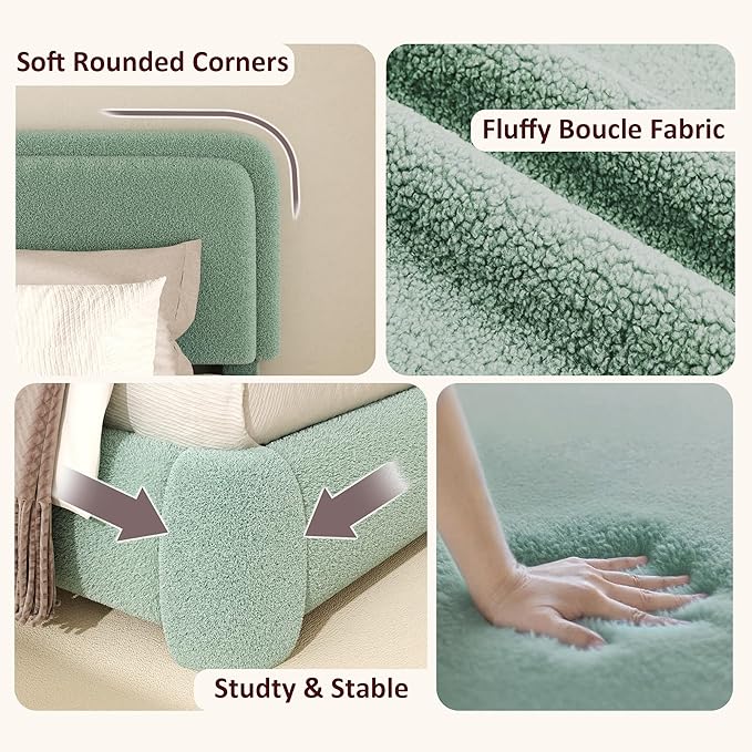 Queen Boucle Platform Bed Frame with Height Adjustable Headboard, Modern Upholstered Cloud Bed, Sleek Curved Design, No Box Spring Needed, Easy Assembly, Noise Free, Green