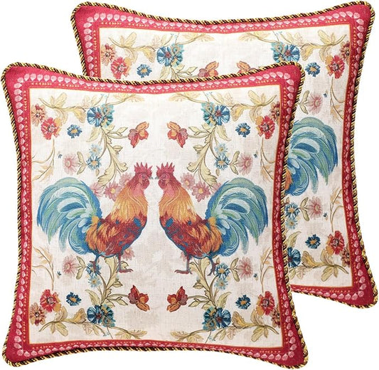 patdrea Designer Pack of 2 Square Throw Pillow Covers,Farmhouse Red Linen with Animals and Floral Pattern Pillows Cover,Decorative Pillowcases Cushion for Bed Living Room Outdoor Car,18"x18"