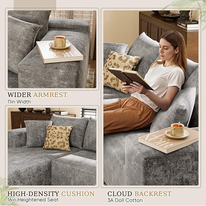 YESHOMY Sectional Couch, 108" Boneless Couches for Living Room, Modular Sectional Sofa with Deep Seat, Cloud Comfy Couch with L-Shape Chaise, No Assembly Required (Chenille, Pearl Gray)