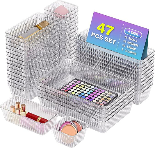 47 PCS Clear Plastic Drawer Organizer Set - 4 Sizes Makeup Organizer Desk Drawer Divider Bathroom Organizers and Storage Bins for Makeup, Jewelry, Gadgets, Office, Kitchen, Bedroom, Bathroom