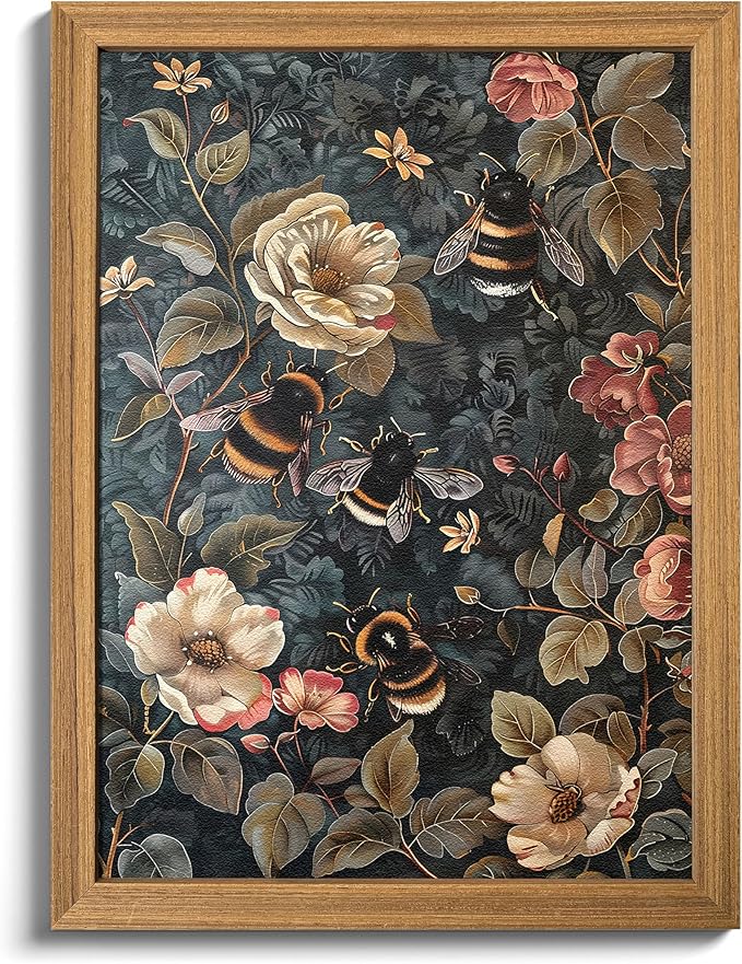 AKWISH Framed 3D Textured Vintage Wall Art - Dark Academia Bumble Bee Hand Drawn Sandstone Paintings with Botanical Florals, Aesthetic Wall Decor for Living Room Bedroom Home 12x16 inch